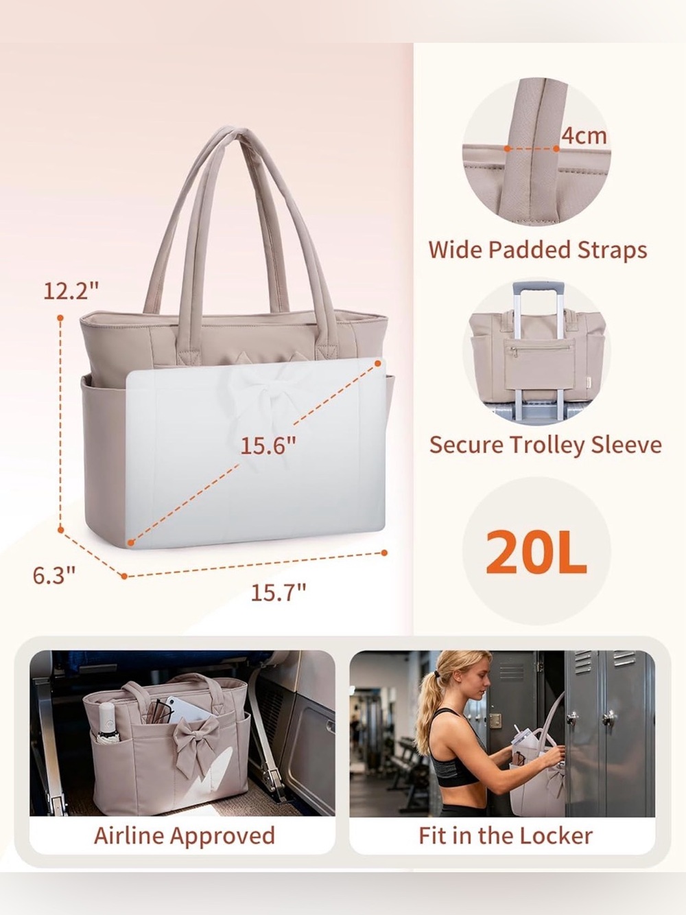 Wandering Nature Crush Bow Tote Bag Lightweight for Women, Work Travel Gym NWT - Picture 4 of 8